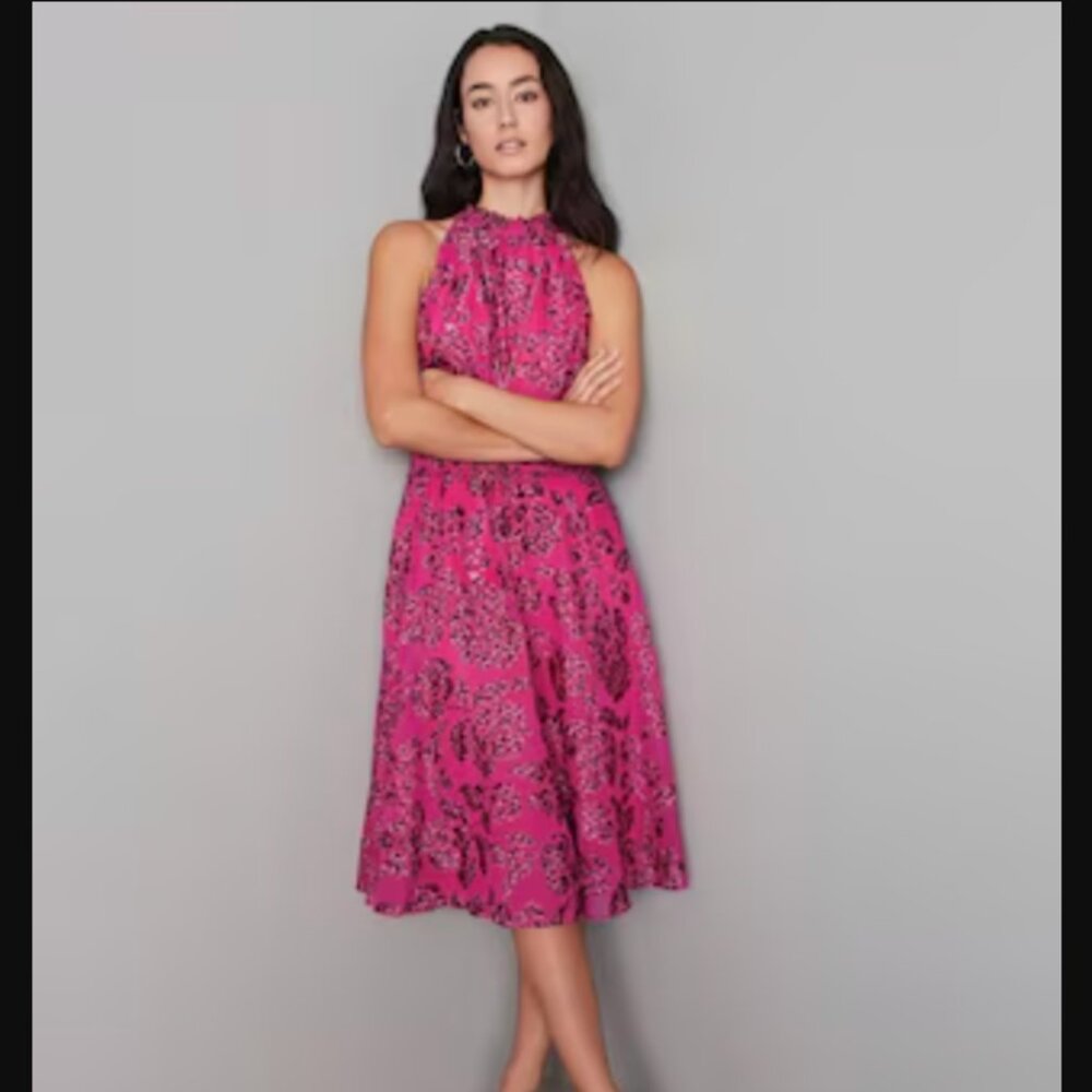White House Black Market Floral Burnout Smocked-Neck Midi Dress Size 4 Pink - Picture 9 of 9